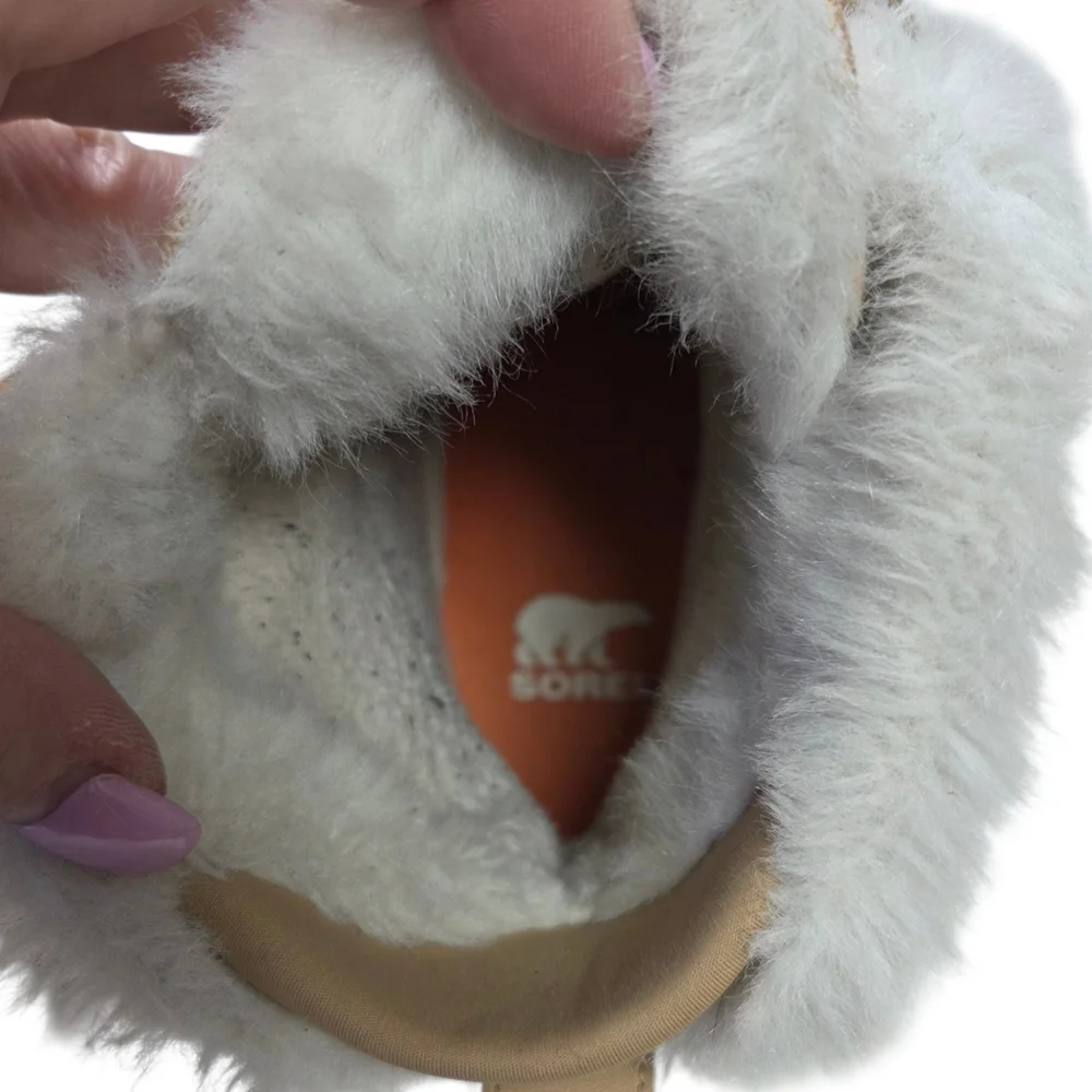 Sorel Women's Explorer 111 Tan Qirh Sea Salt White Fur Winter Boots Size 8.5 - Picture 7 of 8